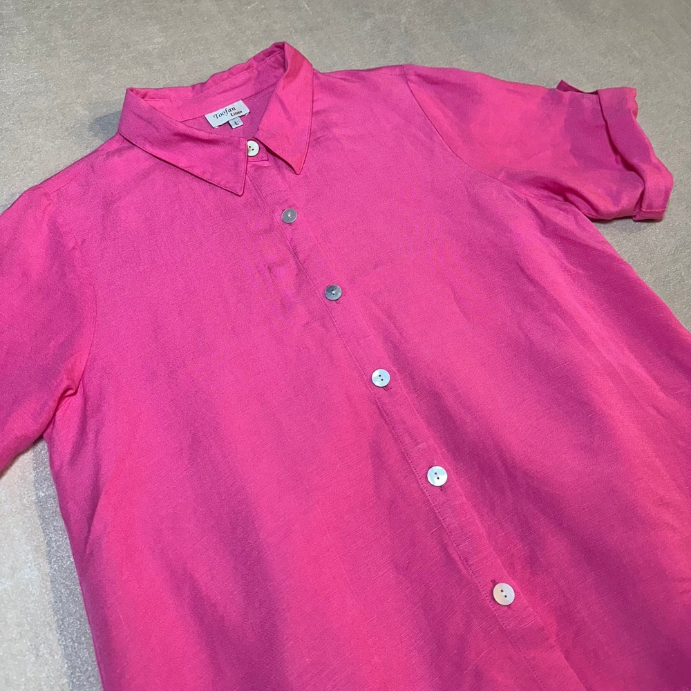Toofan Linen Women's Pink Button Front Collared Shirt Roll Tab Sleeve Size L